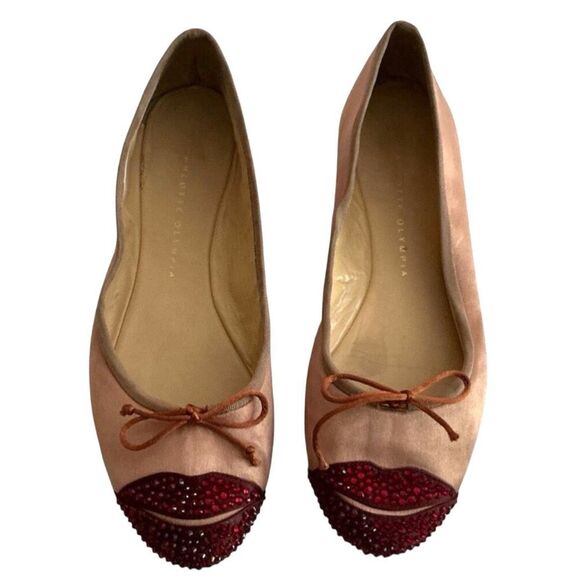 Charlotte Olympia Satin & Red Lips Rhinestones Ballet Flats 40 - Picture 1 of 9